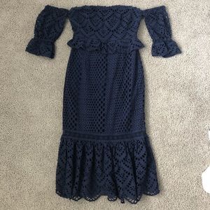 foxiedox Navy Eyelet Mid-Length Off Shoulder Dress